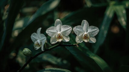 White Dendrobium Orchid Blooming On Branch In Garden with dew drops and lush green leaves