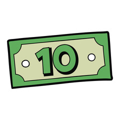 A detailed illustration of a ten money bill featuring elegant patterns, bold numbers, and intricate border designs, symbolizing value, currency, and financial exchange.
