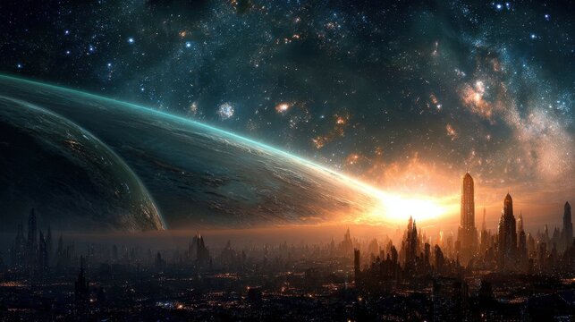 A breathtaking scene showcasing a sprawling alien terrain with two celestial bodies illuminated by a bright sunset.