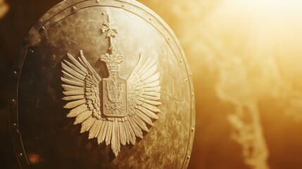 A Polished Ceremonial Shield with a National Crest Etched