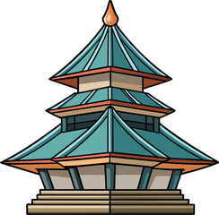 Lunar Geometric Modernism, teal pagoda temple with red accents and tiered geometric structure