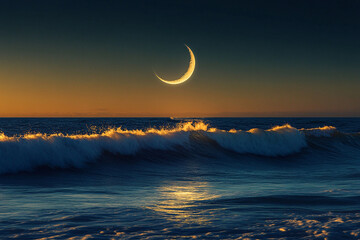 A crescent moon casting silver light over glowing ocean waves  