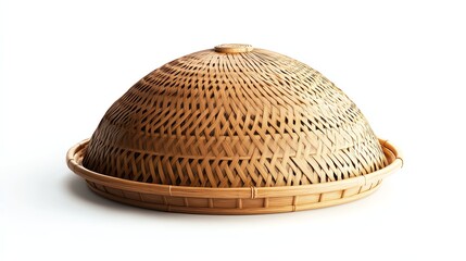 a woven bamboo food cover dome with Thai ceramic set underneath, rural dining tradition, photorealistic materials, isolated on white background