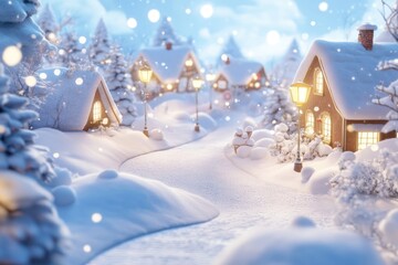 Charming winter wonderland village with snowy cottages and festive decorations
