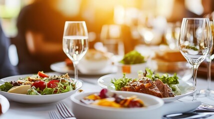 An elegant table setting of fusion cuisine with wine