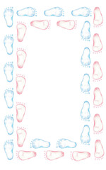 Baby footprints frame for birth announcements or nursery decor. Template for gender reveal party, baby shower, baptism, boy or girl party. Watercolor illustration for invitation card. Copy space