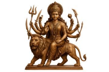 Majestic Bronze Idol of Goddess Durga Sitting on a Lion, Symbolizing Divine Feminine Power (Shakti) and Protection, Perfect for Navaratri and Durga Puja Concepts