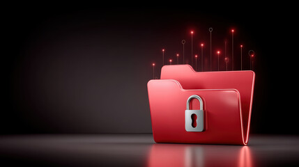 Data security concept with red locked folder glowing digital connections and secure file protection in dark background conveying safety and control