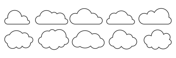 Thin line cloud silhouette set. Cute minimal clouds illustration set. Minimal contour cloud graphics. Children cartoon clouds clipart