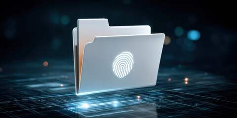 Secure digital folder with fingerprint icon data security and encrypted file access glowing futuristic interface protecting sensitive information