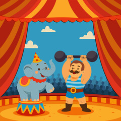 Obraz premium Colorful circus illustration featuring a strongman lifting weights beside a cheerful elephant on stage. Perfect for children’s books, posters, or event promotions.