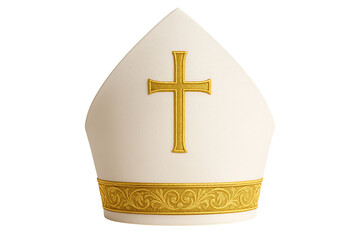 Papal Mitre with Golden Cross — Ornate White Bishop Headdress, Liturgical Vestment Isolated on White Background