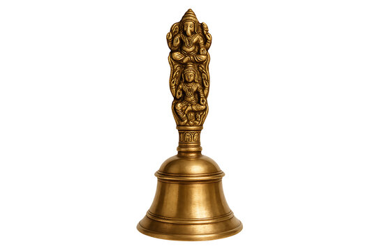 Ornately carved brass Puja bell (Ghanta) with Hindu deities on the handle, a traditional ritual object for Aarti and worship, isolated