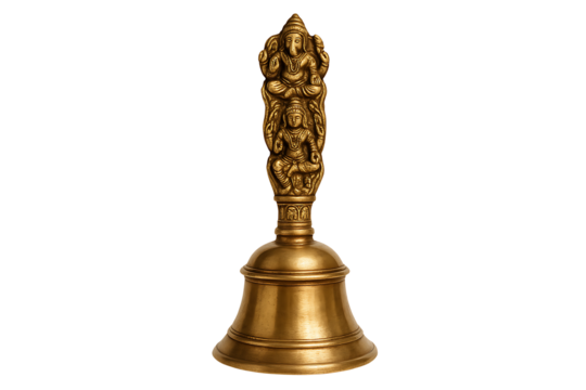 Ornately carved brass Puja bell (Ghanta) with Hindu deities on the handle, a traditional ritual object for Aarti and worship, isolated