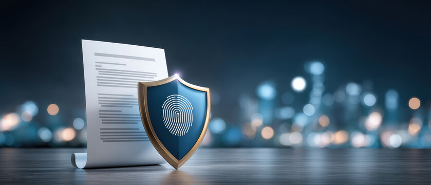Secure document with fingerprint shield protecting data security and privacy in modern office setting conveying trust and protection