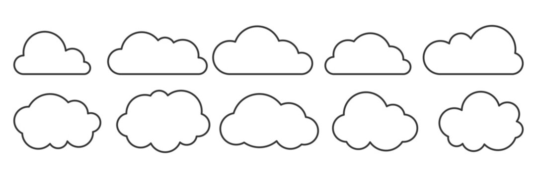 Thin line cloud silhouette set. Cute minimal clouds illustration set. Minimal contour cloud graphics. Children cartoon clouds clipart