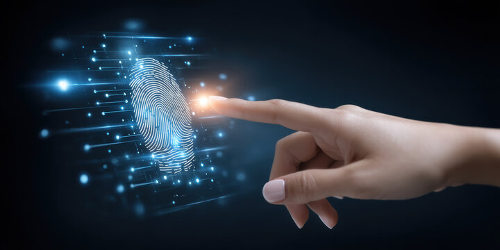 Human finger touches glowing biometric fingerprint scanner illustrating secure data access and cyber security in futuristic digital interface