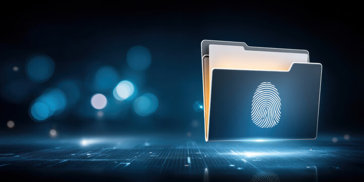 Secure digital file folder with fingerprint icon representing data security and encrypted access for confidential information protection modern