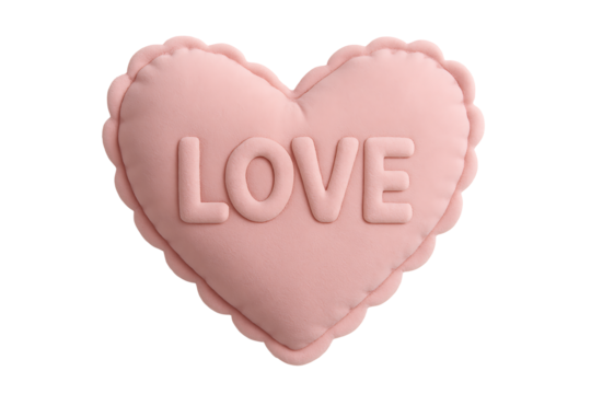 Pastel Pink Heart Pillow with Raised LOVE Letters — Plush Decorative Cushion with Scalloped Edge, Isolated