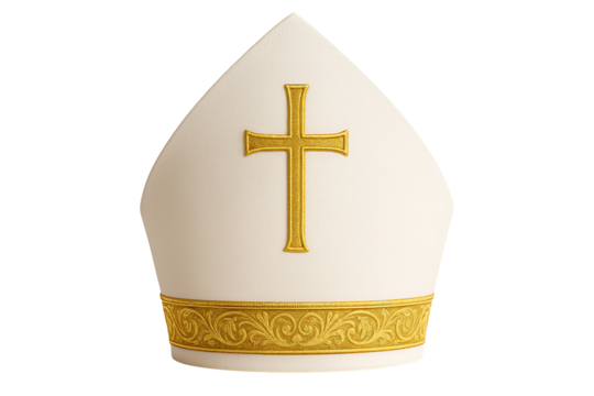 Papal Mitre with Golden Cross — Ornate White Bishop Headdress, Liturgical Vestment Isolated on White Background
