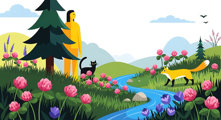 Illustration of a nature scene with a woman, cat, fox, and river