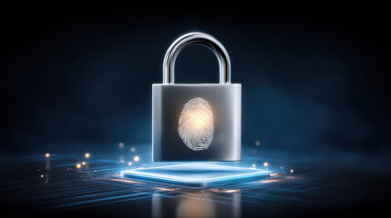 Secure digital lock with fingerprint sensor glowing over circuit board platform conveying data security and identity protection