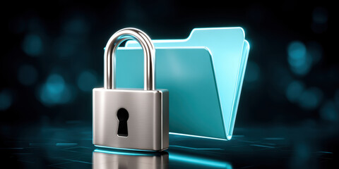 Secure data folder with padlock symbol showing digital security and privacy protection glowing blue lights calm tone