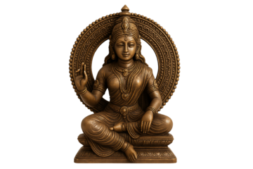 Serene bronze sculpture of the Hindu Goddess Lakshmi in a seated lotus position, bestowing blessings with the Abhaya mudra gesture, isolated on a white background