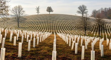 New tree plantation with protective tubes on a hillside in autumn season