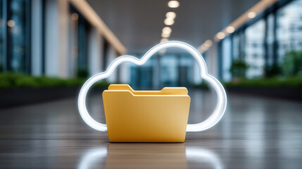 Cloud folder data security concept glowing neon cloud behind yellow folder in modern office corridor conveying protection and accessibility