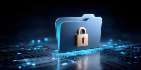 Secure digital folder data security concept glowing circuit board with locked file illustrating protection and privacy in technology