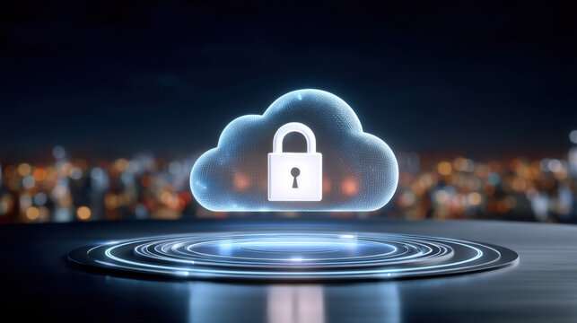 Secure cloud lock data security concept glowing cloud icon above futuristic platform in night cityscape showing protection and encrypted storage