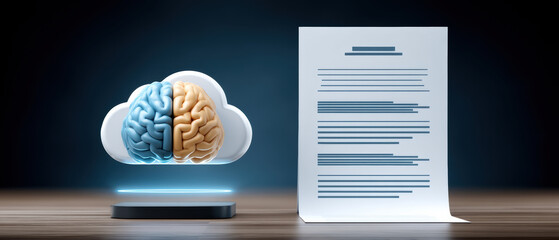 Cloud brain floating beside document data security concept with neural network and paper contract