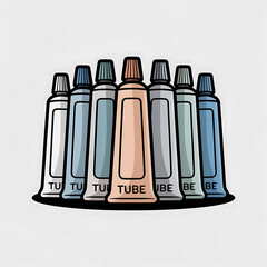 Cosmetic Tubes Arrangement in Stylish Row Displaying Colorful Packages in Teal, Peach and White Outline Style Illustration