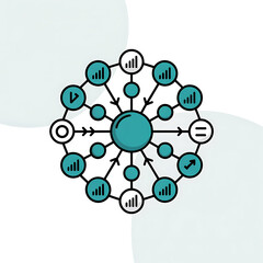 Network Hub Connection Diagram Showing Communications and Statistics in Turquoise and Black Outline Style Illustration