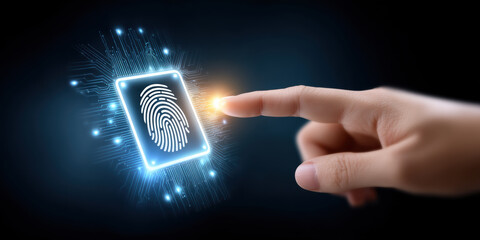 Fingerprint security biometric sensor data identity access control touch authentication glowing interface futuristic