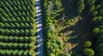 Aerial view of a forest with a road running through it in the daylight