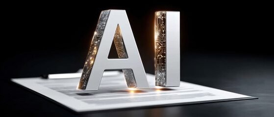 AI concept letters on document with glowing circuit patterns data and security visualized in sleek metallic typography evoking innovation and trust