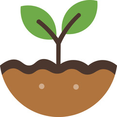 Illustration of a seedling sprouting from soil with two green leaves.