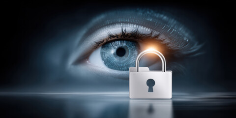 Eye with digital data overlay and padlock symbol representing data security and privacy protection in modern technology