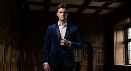 Confident man in a luxurious blue velvet tuxedo exudes sophistication and style in an opulent vintage interior setting, ready for a gala event or formal occasion.