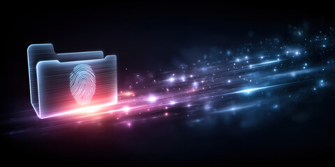 Secure folder with glowing fingerprint and streaming light data security concept evoking privacy protection and fast digital transfer