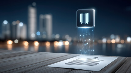 Futuristic barcode security data concept glowing hologram over document city nightscape modern office