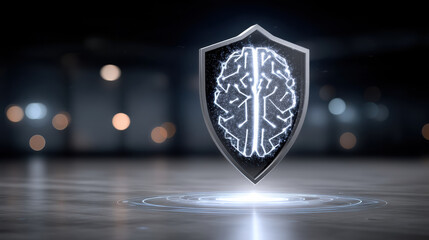 Smart security shield with glowing brain circuit symbol representing AI data security protection futuristic concept illuminated in dark room