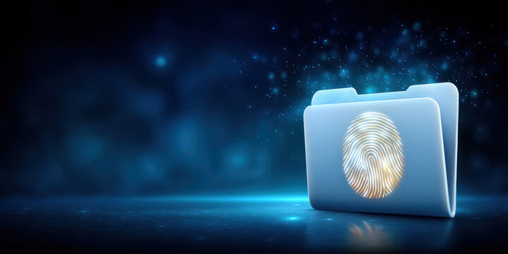 Secure folder with glowing fingerprint symbol data security and privacy protection concept illuminated on dark blue background with bokeh lights