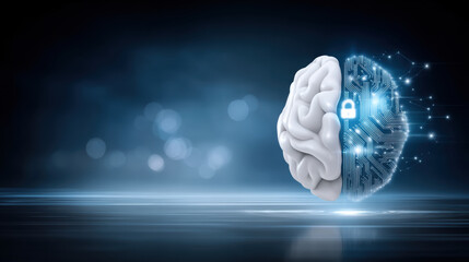 AI brain and human mind fusion illustrating data security and neural network protection in futuristic digital concept glowing with blue light