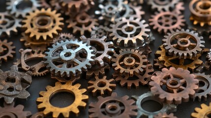 Close up of assorted metal gears showing interconnected design