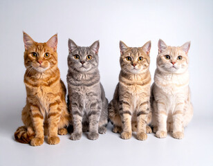 Obraz premium Four cute cats sitting side by side on white background