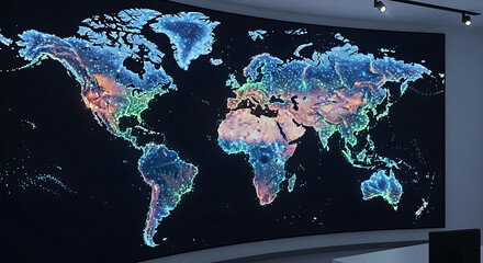 World map on a large screen showing global network and connectivity