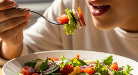 A close-up of a person enjoying a fresh salad with vibrant vegetables.